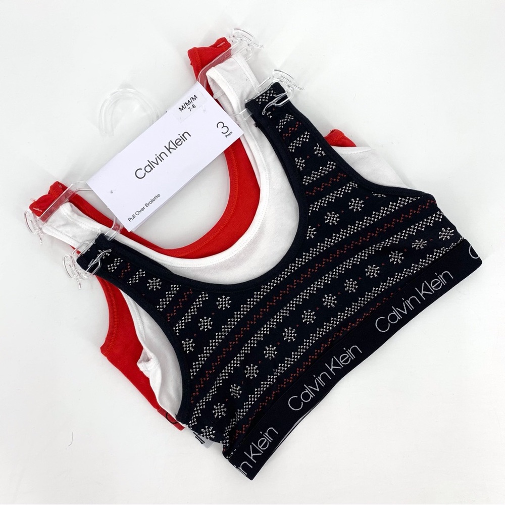 Calvin Klein NWT Girls' Red, Black, and White 3-Pack Pull Over Bralette, Medium